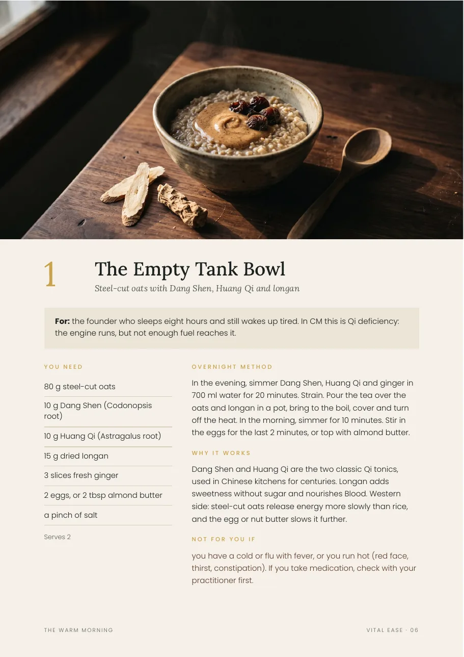 Page 6 of the guide: The Empty Tank Bowl, steel-cut oats with Dang Shen, Huang Qi and longan.